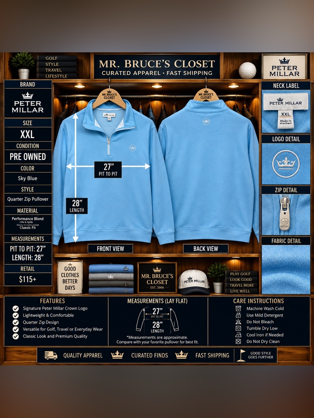 Peter Millar Sky Blue Performance Quarter-Zip